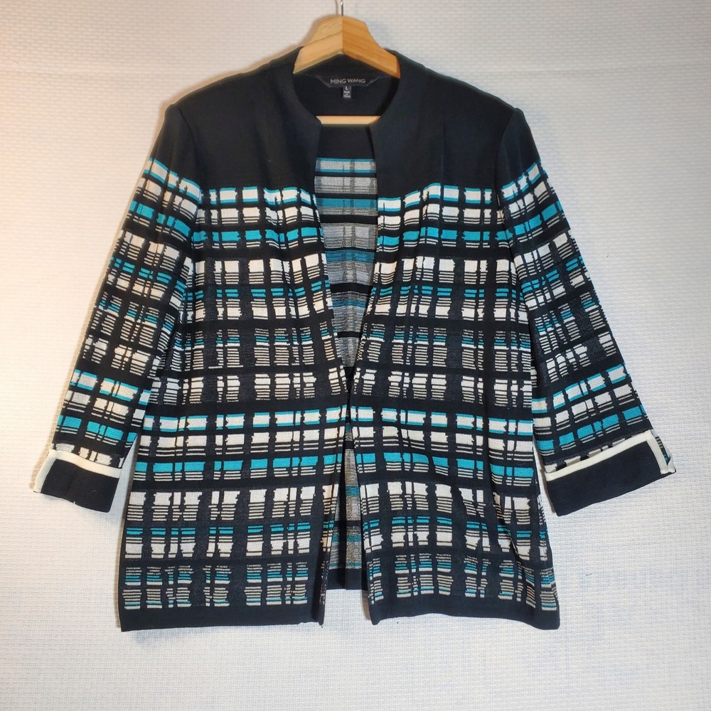 Ming Wang Black Teal Geometric Knit Jacket Open Front Cardigan L Office Career
